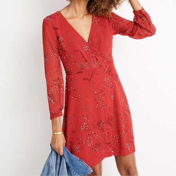 NWT Madewell Sz 0 Hazelwood Wrap-Front Mini Dress in Windswept Floral Red - Picture 1 of 15